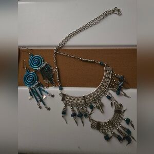 Vintage Silver Tone With Blue Bohemian Necklace and Earring Set